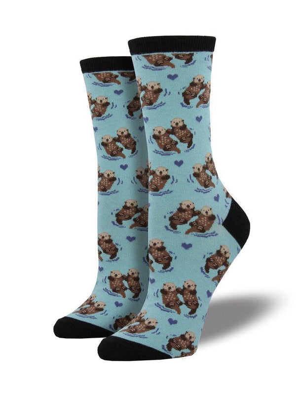 Blue socks featuring otters and blue hearts