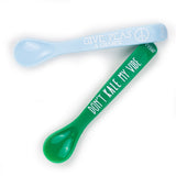 Crossed horizontal orientation of Don't kale my vibe and give peas a chance Spoons