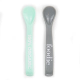 Vertical orientation of 100% Organic and Foodie Spoons