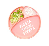 Top View of Bella Tunno plate with Fiesta then, siesta saying, with food in two of the comparments