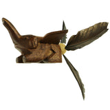 Closeup of Elephant Whirly Mobile showing hand carved flying elephant with duck feather tail.