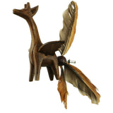 Closeup of Giraffe Whirly Mobile showing hand carved flying giraffe with duck feather tail.