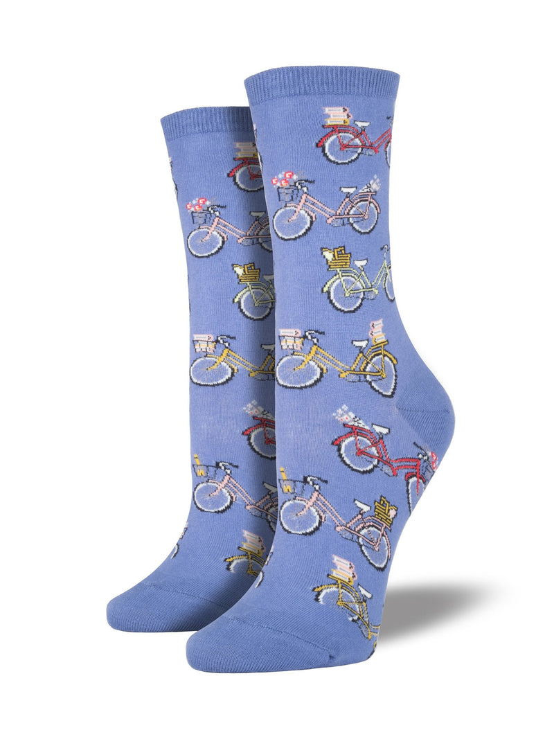 Purple socks featuring vintage bicycles