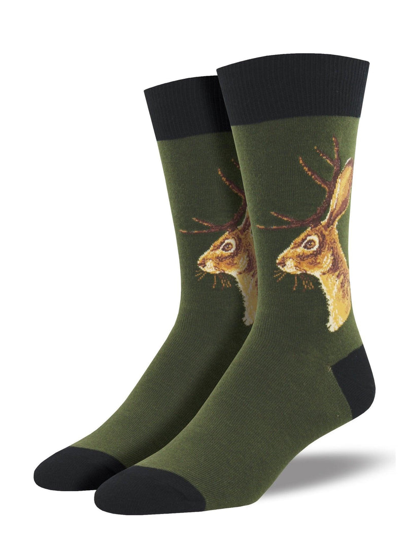 Forest colored socks featuring the mythical jackalope