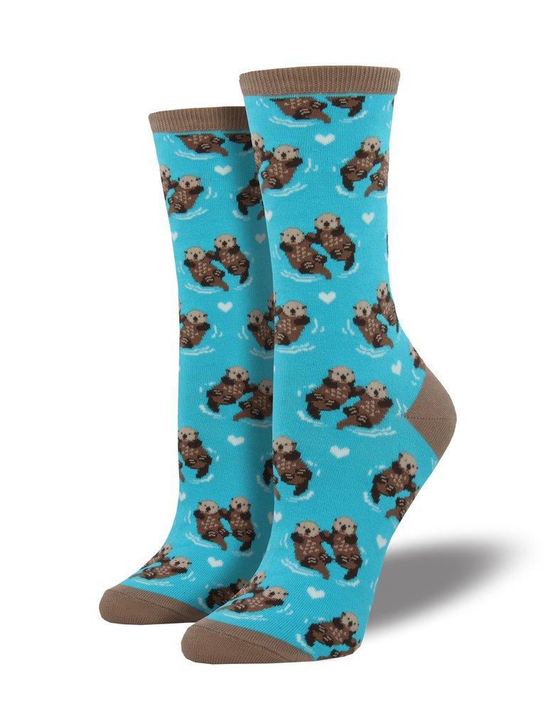 Bright blue socks featuring otters and blue hearts