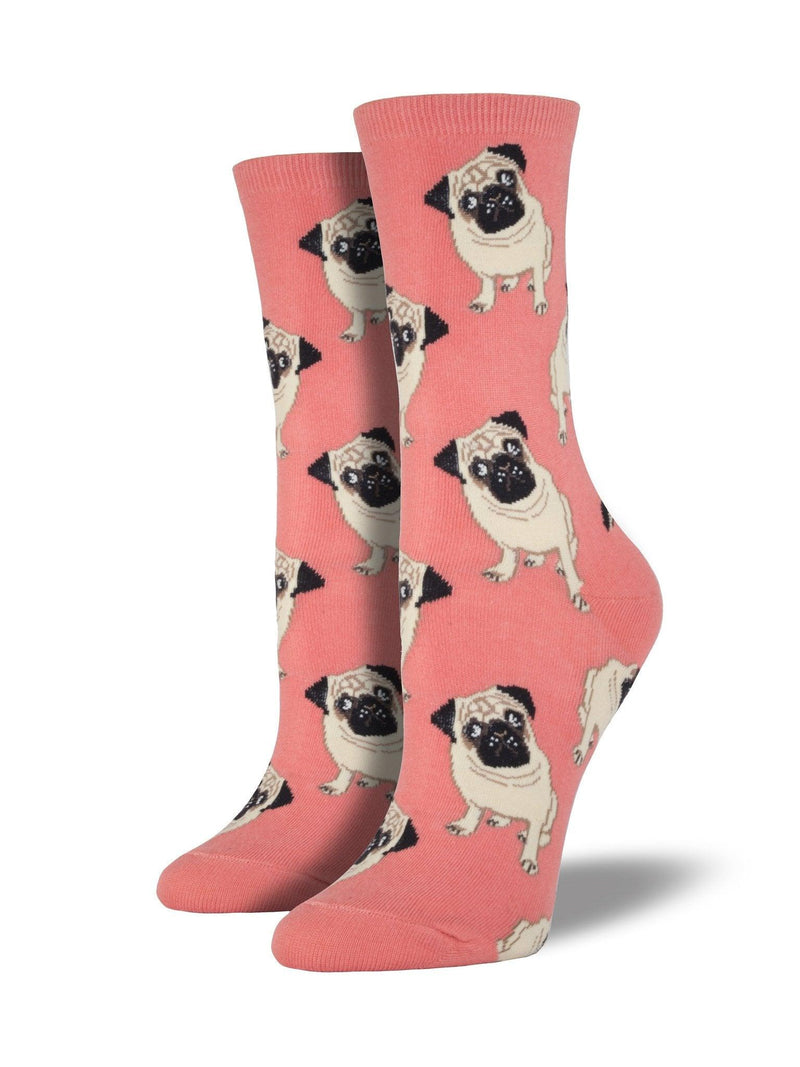 Peach socks featuring pugs
