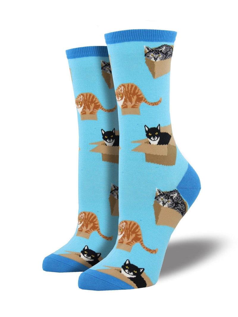 Blue socks featuring cats sitting in cardboard boxes.
