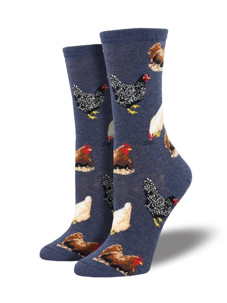 Denim colored socks featuring chickens
