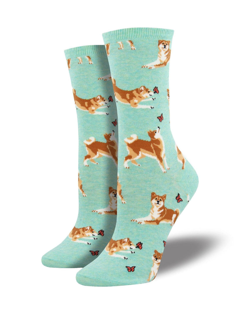 Mint socks featuring Shiba Inus playing with butterflies