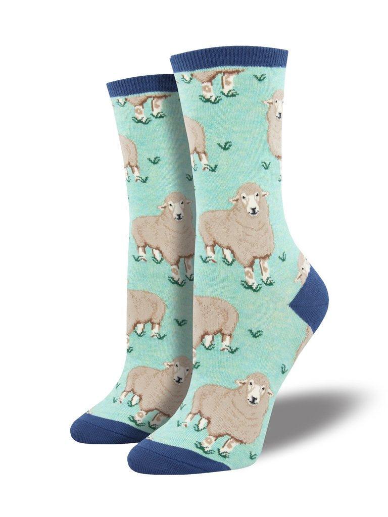 Mint sock featuring fuzzy sheep