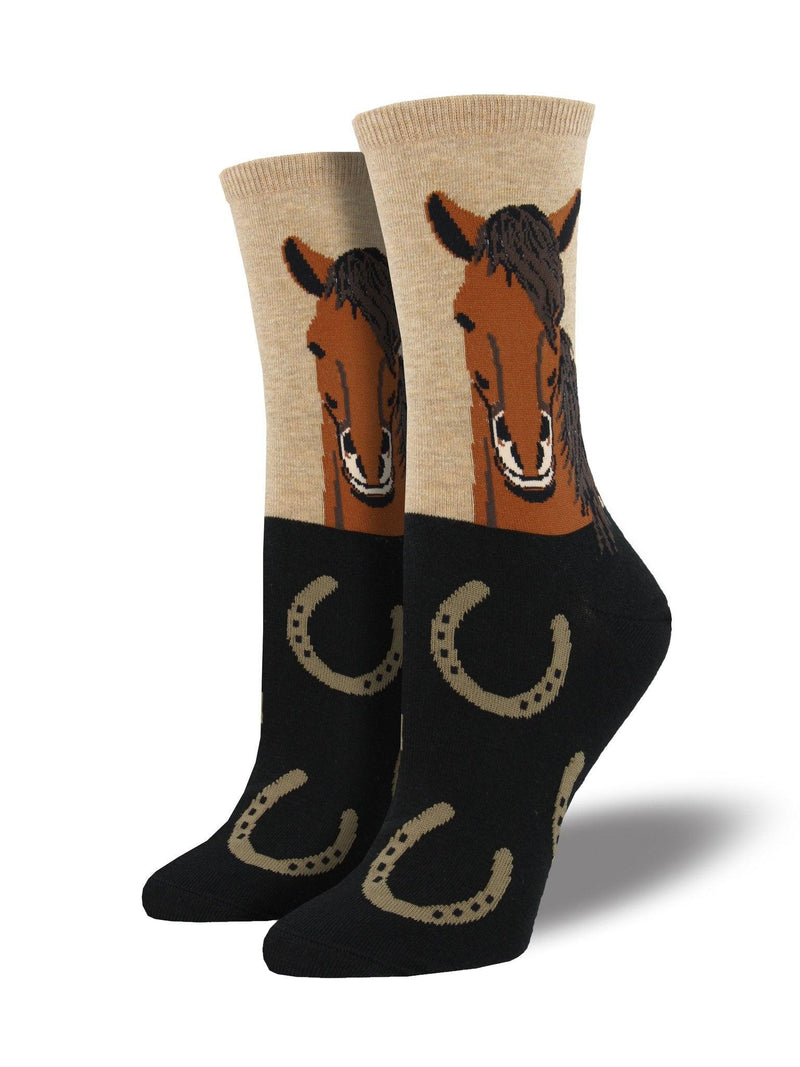 Black and brown sock featuring a horse and horseshoes