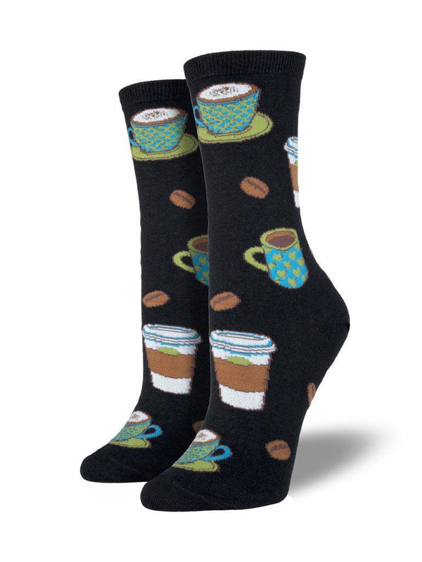Black socks featuring cups of coffee and coffee beans