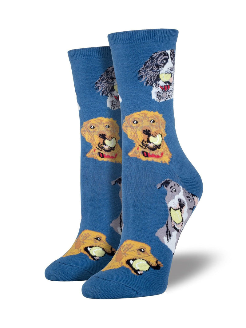 Blue socks featuring dogs with tennis balls in their mouths