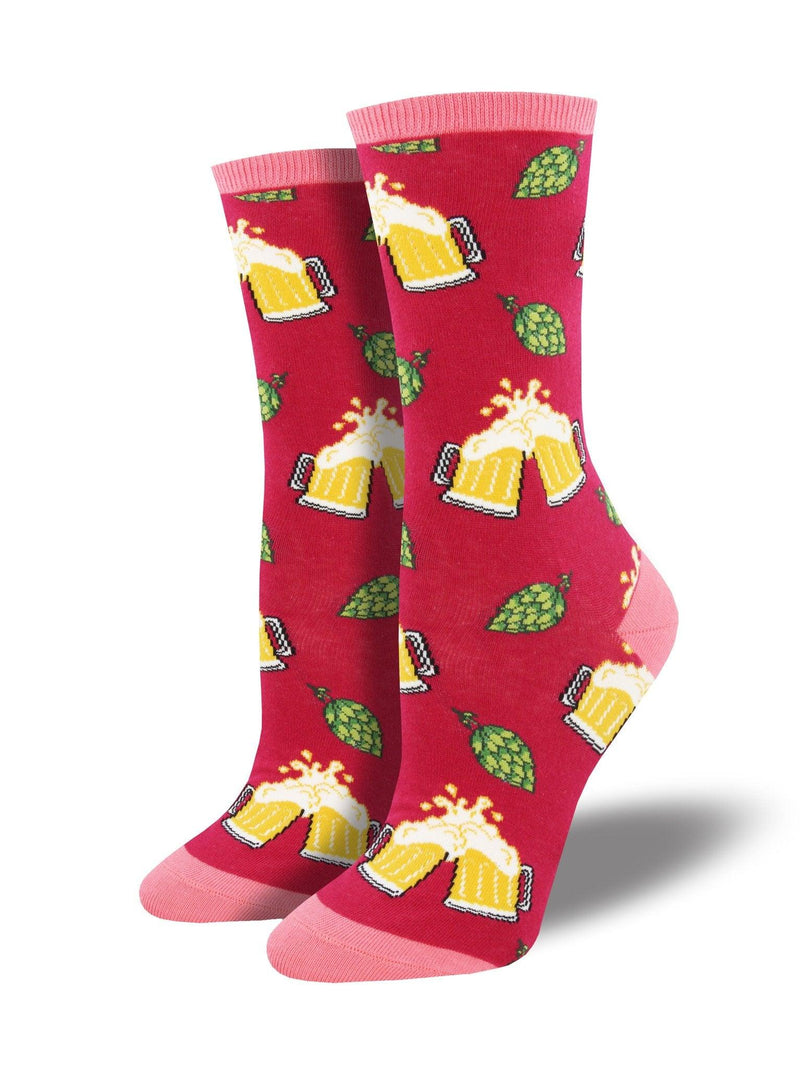 Red socks featuring hops and mugs full of beer