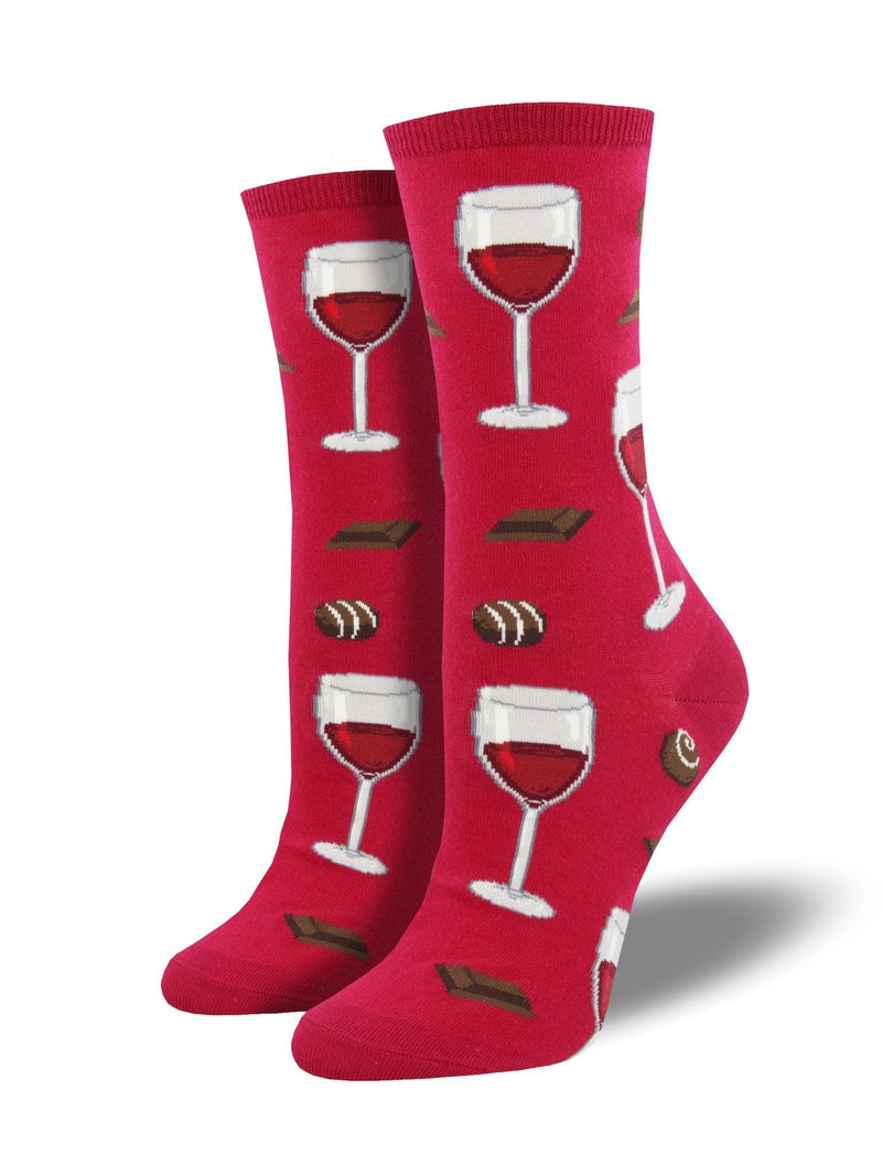 Red socks featuring wine glasses and chocolate