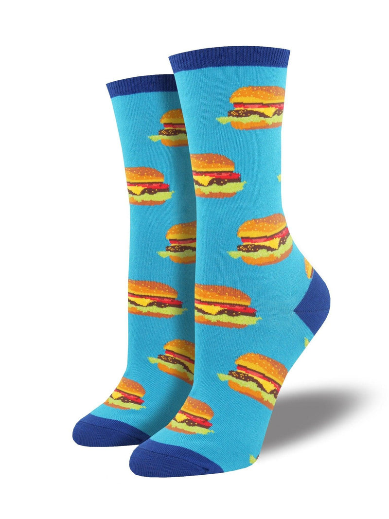 Blue socks featuring cheeseburgers