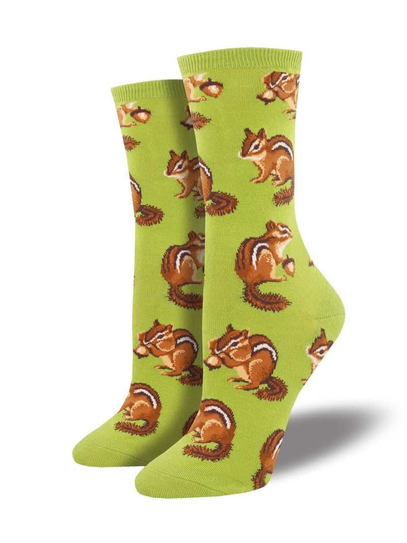 Green socks featuring chipmunks with an acorn