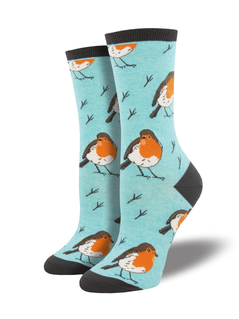 Blue socks featuring robins