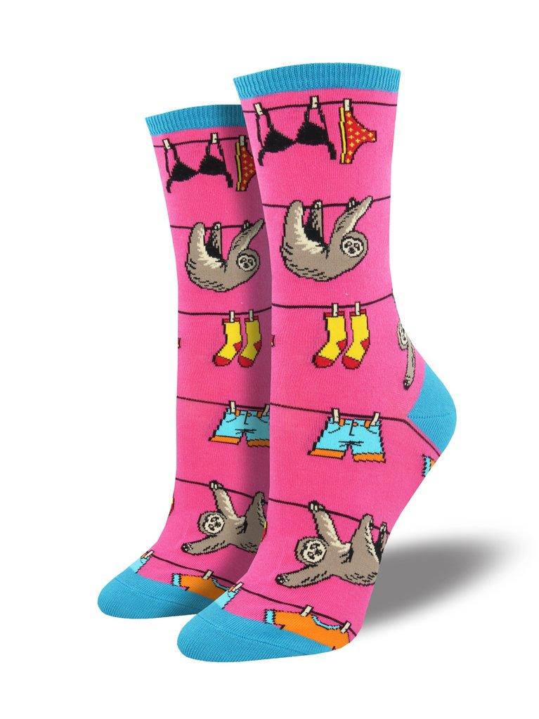 Pink socks featuring sloths on a clothesline