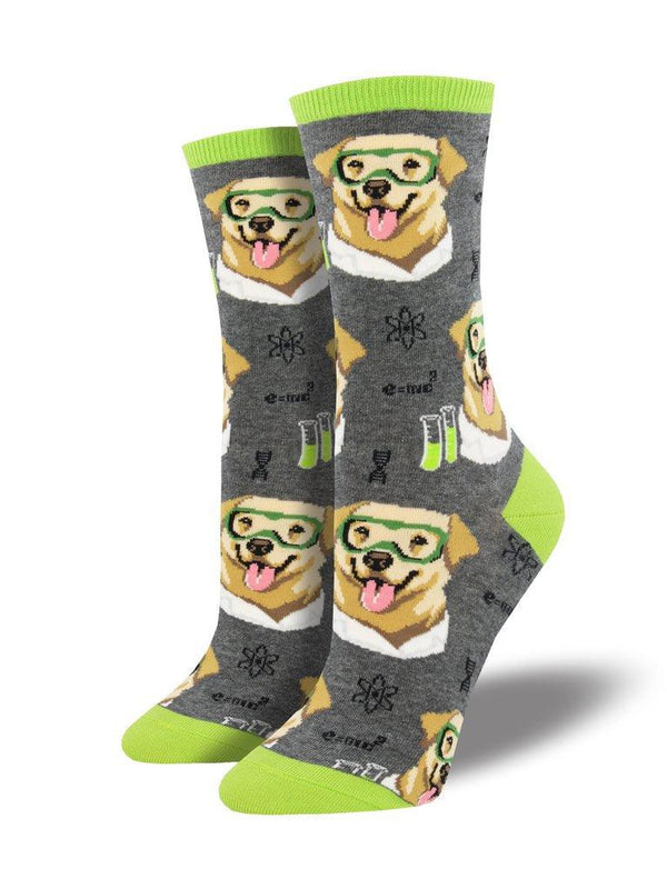 Gray socks featuring Labrador Retrievers dressed for the science lab