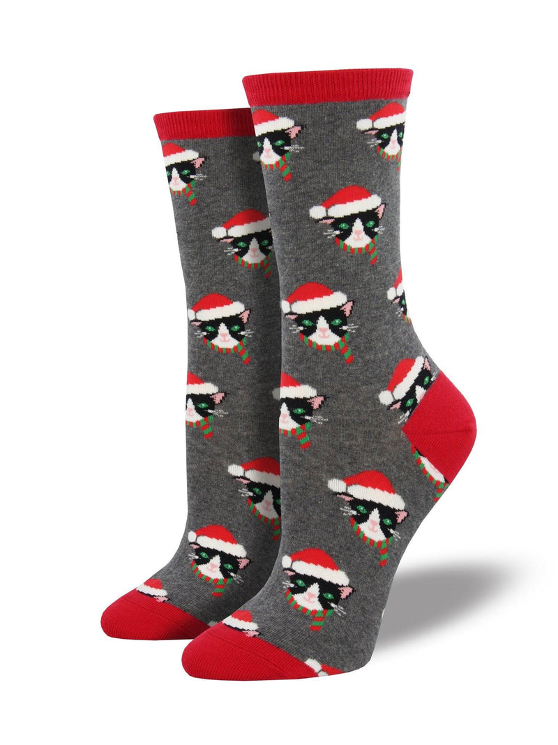 Gray socks featuring cats with Santa hats