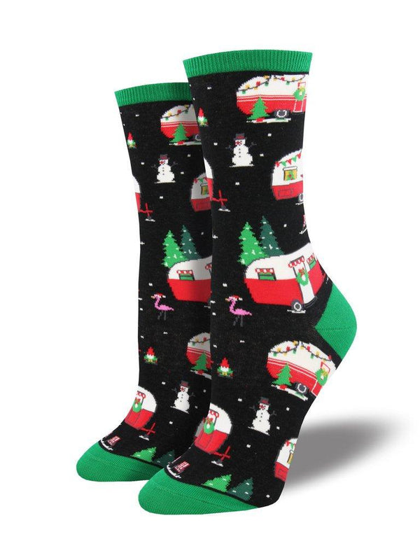 Black socks featuring campers, flamingos and snowmen.