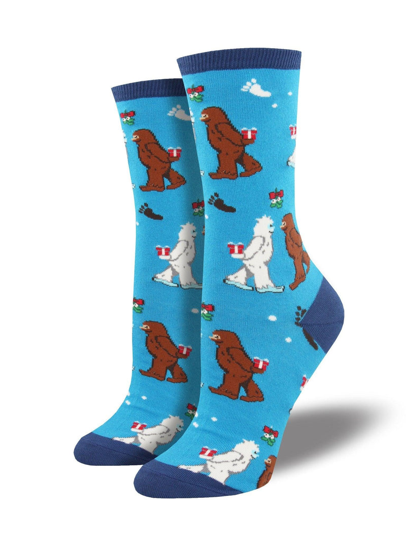 Blue sock featuring big foot and yeti in love