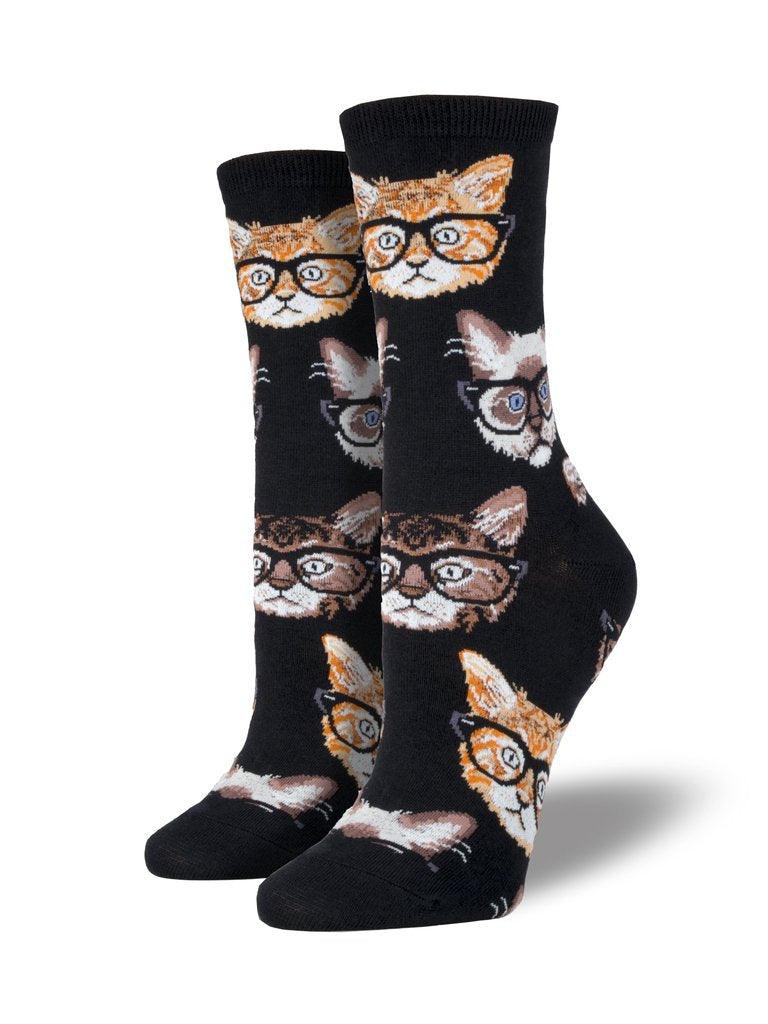 Black socks featuring cats wearing eyeglasses