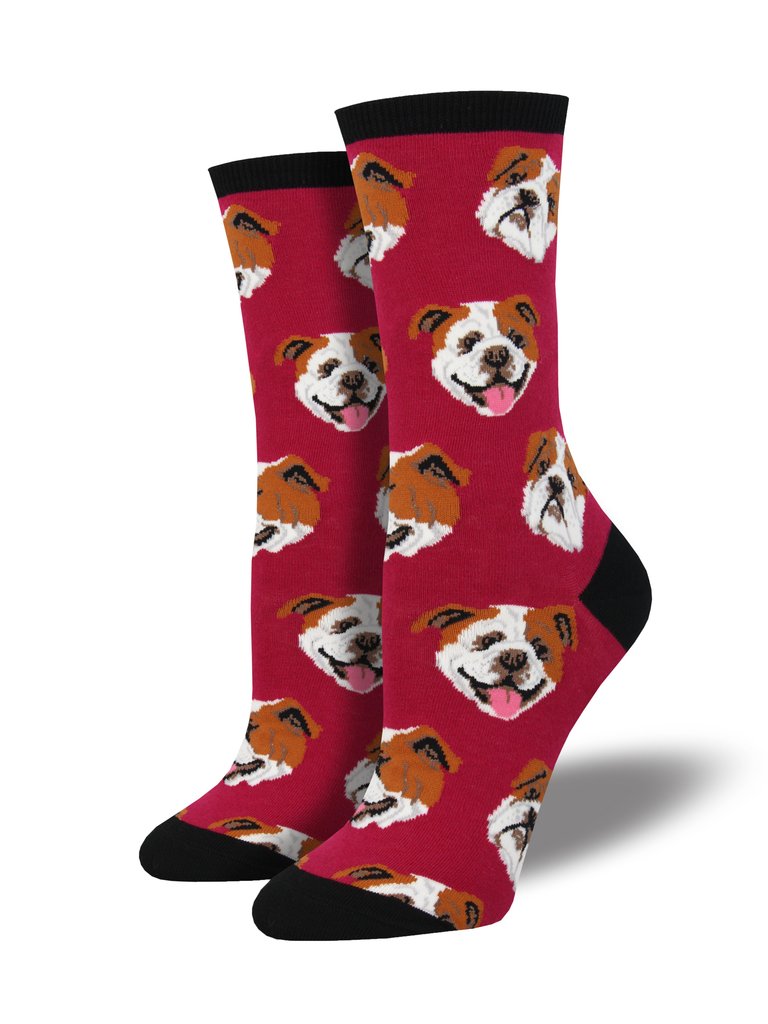 Burgundy socks featuring happy bull dogs