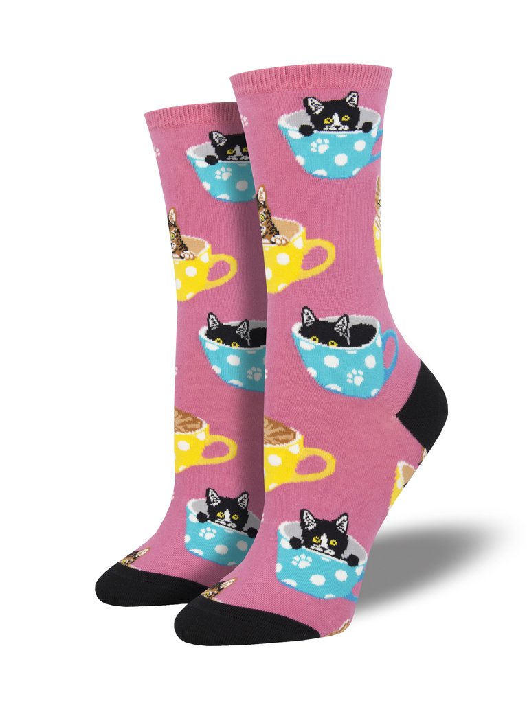 Pink socks featuring cats in coffee cups