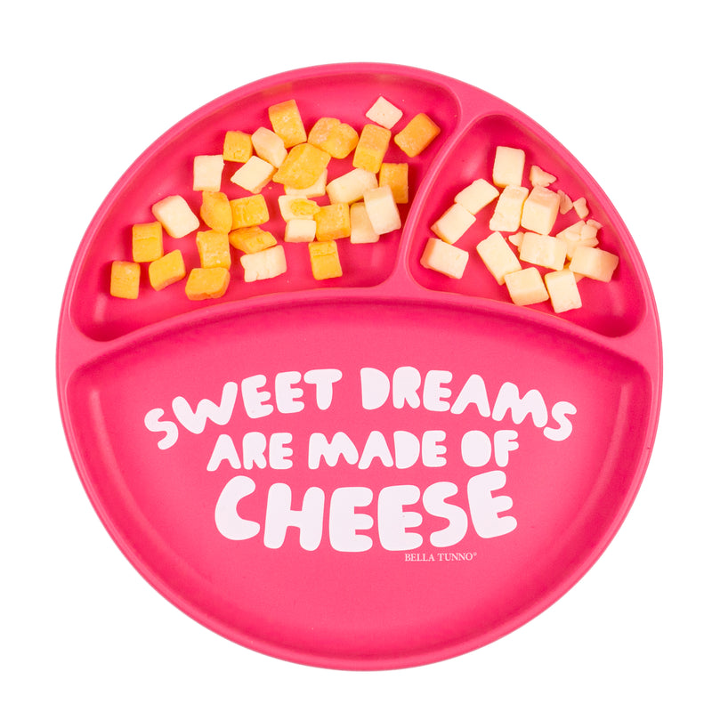 Top View of Bella Tunno plate with sweet dreams are made of cheese saying with cheese in two of the compartments