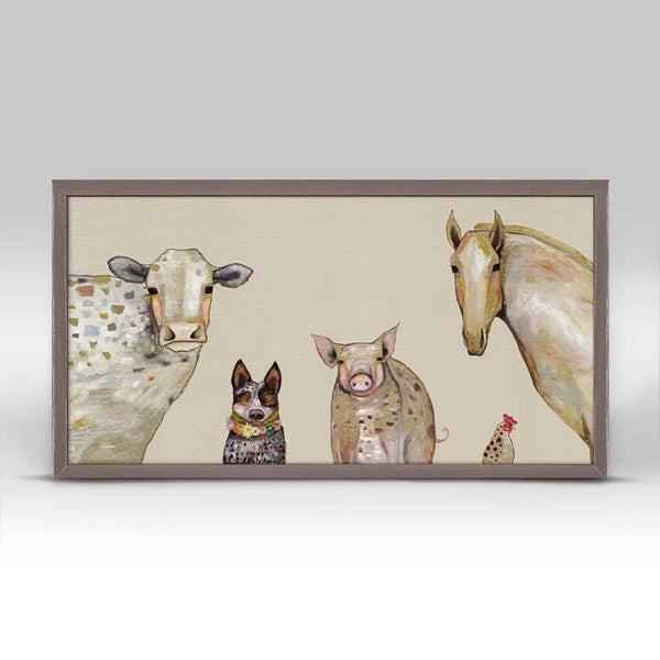 A cow, dog, pig. rooster and a horse face forward against a beige background.