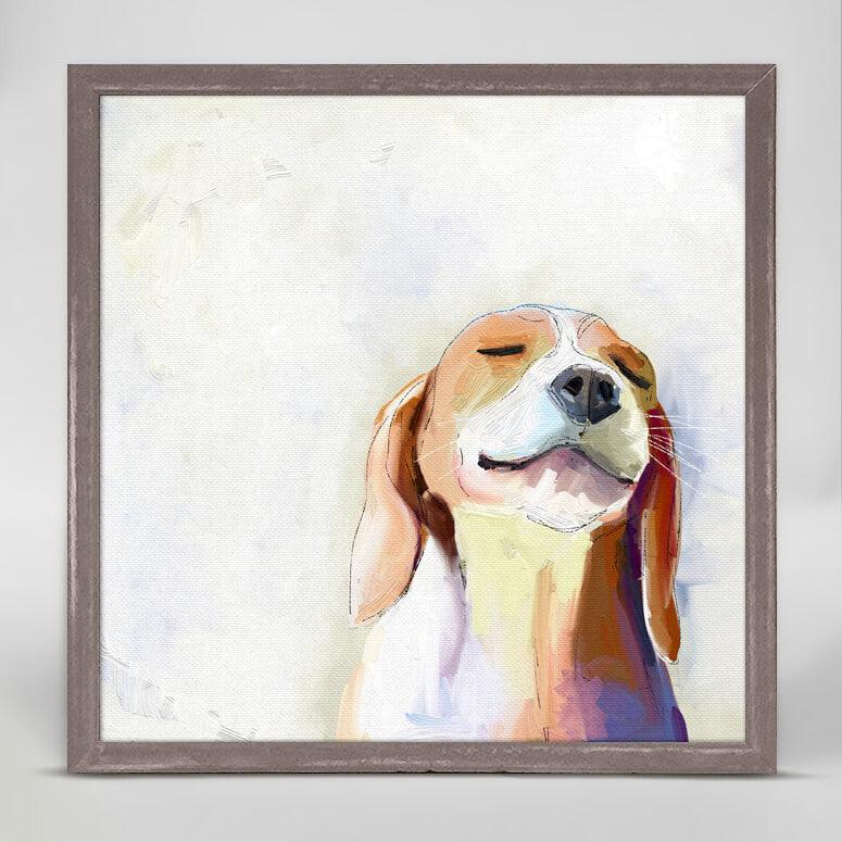 A colorful print of a light brown dog with its eyes closed and face tilted upward.