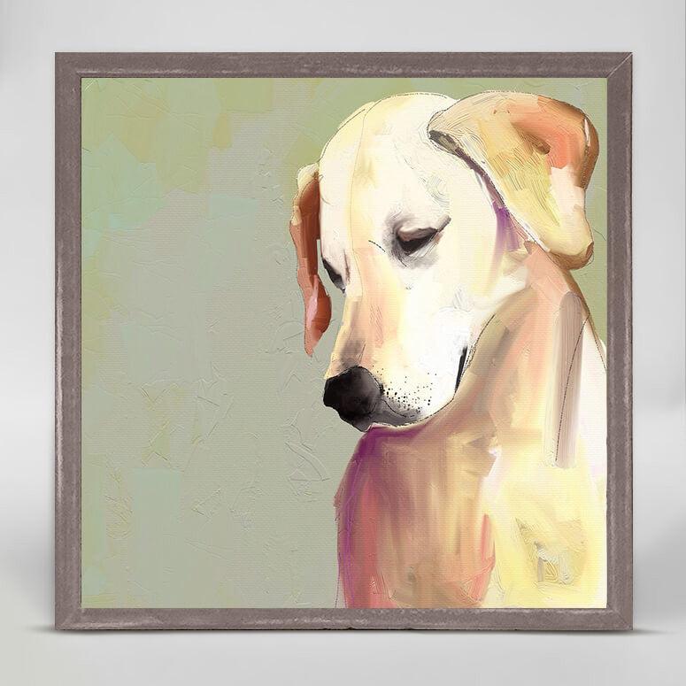 With its head tilted down and to the side, a yellow and white dog with a black nose is painted against a lime green background print.