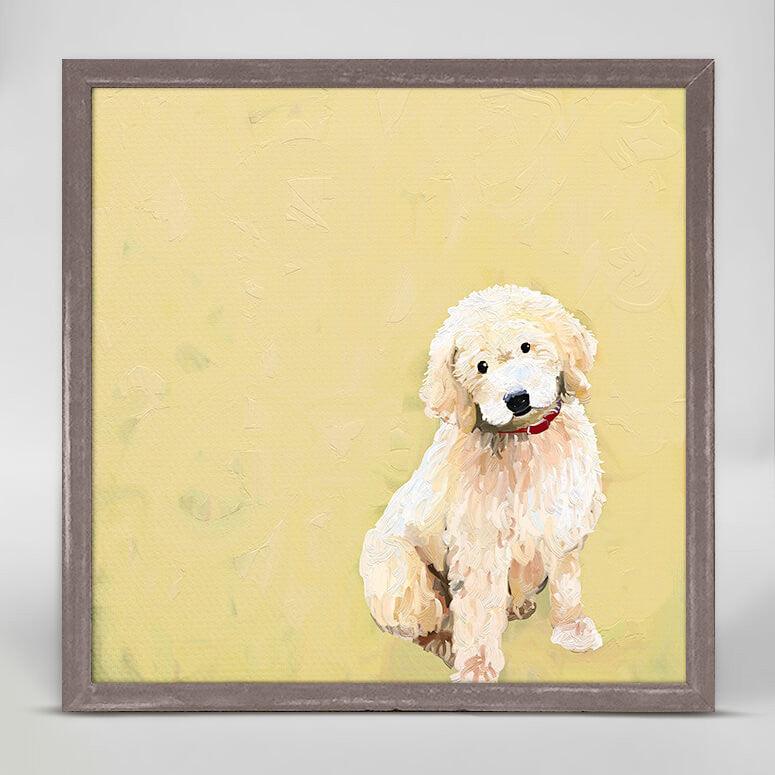 Against a yellow background a short-haired white dog sits in a red collar sits with its head slightly tilted.