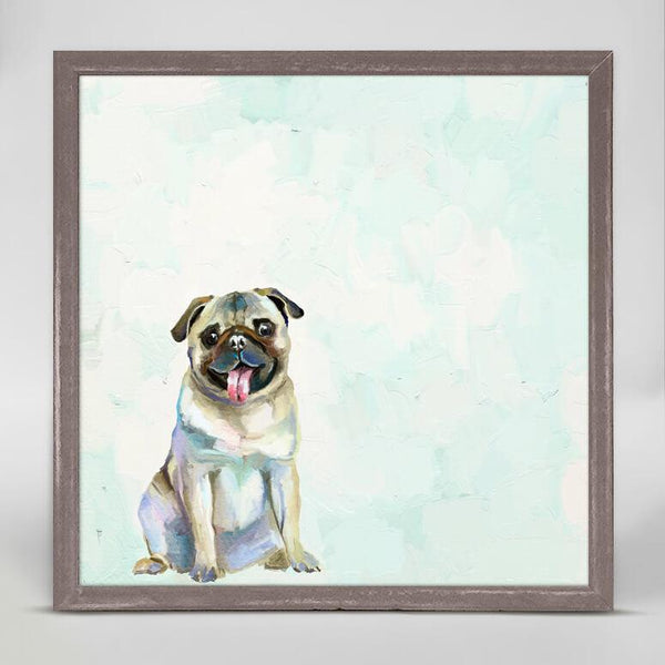 A pug puppy in beige, brown and cream watercolor sits with its tongue hanging out in a print against a light teal background.