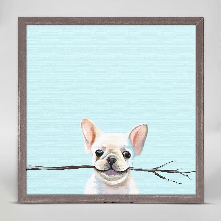 A colored print showing a small white dog holding a brown branch  horizontally its mouth.