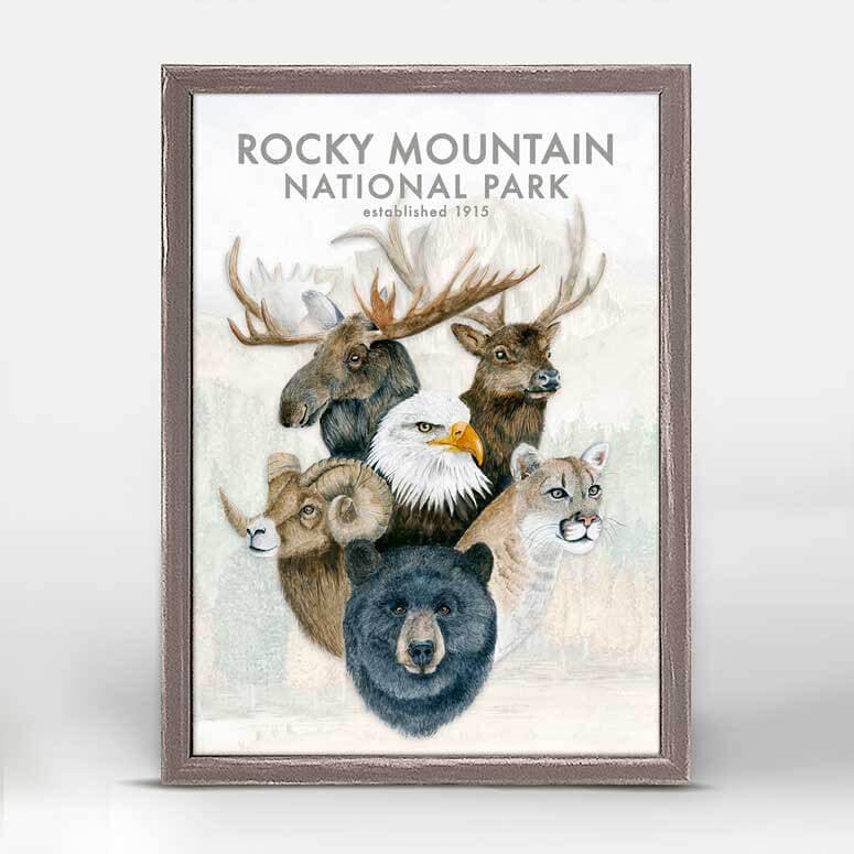 The heads of a moose, an elk, an eagle, a bighorn sheep, a mountain lion and a bear in a colorful poster-like print.