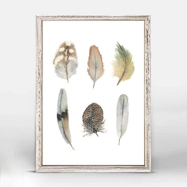 In two rows of three, free standing feathers are painted, each one different in color and type.