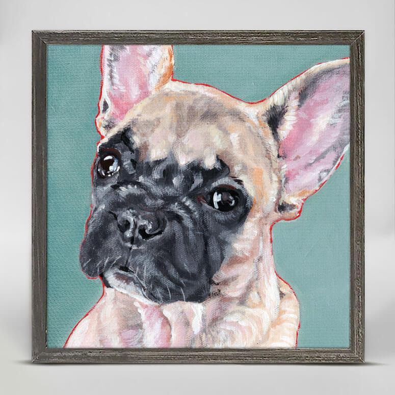 A colored print of the face of a tan colored bulldog with pink ears against a teal background.