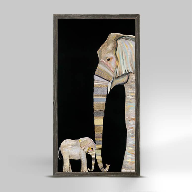 Against a stark black background, a sideview of an adult and baby elephant painted in abstract stripes stand facing each other.