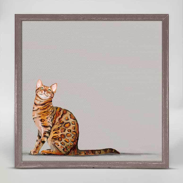 A sideview of an orange spotted cat sitting with its head turned upward painted against a gray background.