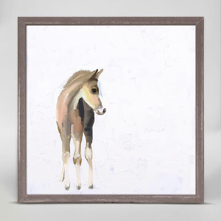 A  print in brown, red and cream colors of a foal with its head turned to one side.