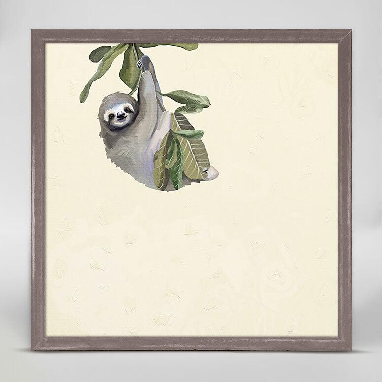 A colored print with a light yellow background of a baby sloth holding on to a branch of a cecropia tree.
