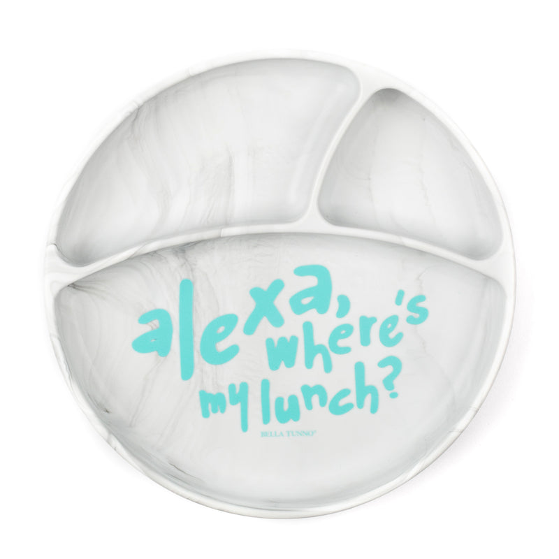 Closeup of Bella Tunno plate with alexa, where's my lunch? saying