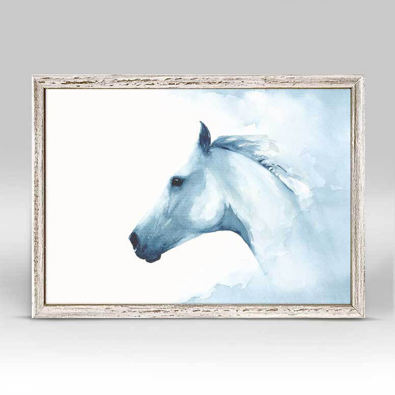 Against a stark white background, a side view of a white horse face, mane and neck painted in shades of blue.