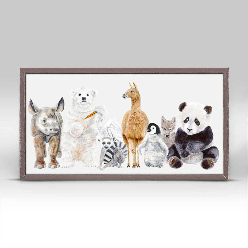 A row of baby animals: a hippopotamus, polar bear, meerkat, llama, penguin, wolf and a panda.