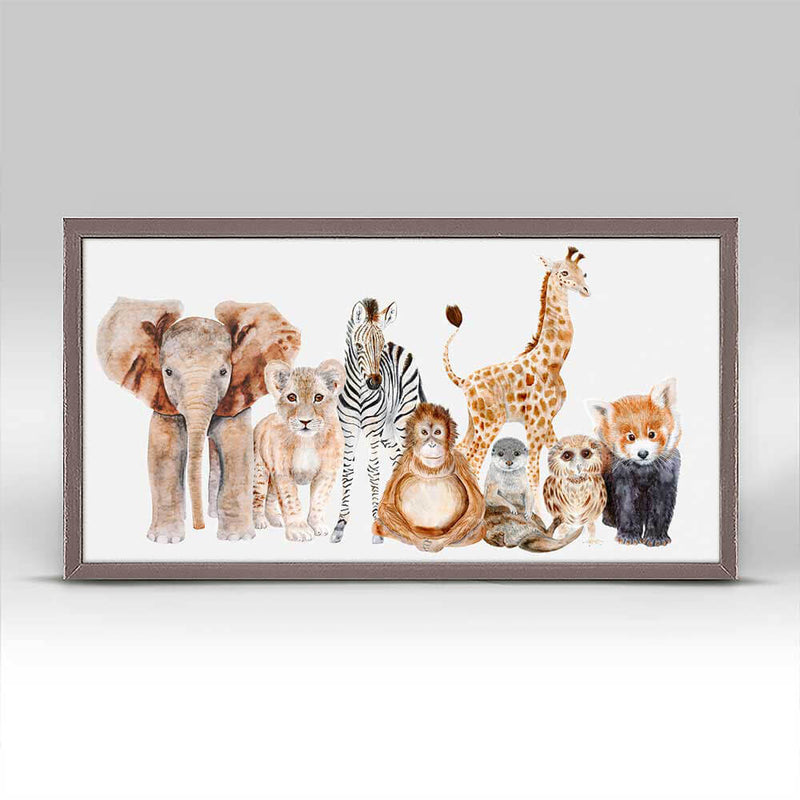A  colored print of a row of a baby animals: an elephant, lion, zebra, monkey, giraffe,  red panda, owl and a racoon.