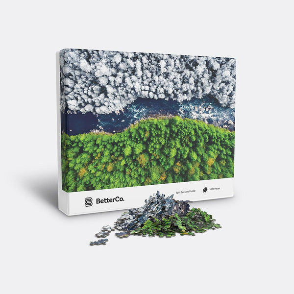 Split Seasons puzzle box with mound of pieces in front