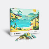 Beach day puzzle box with mound of pieces in front